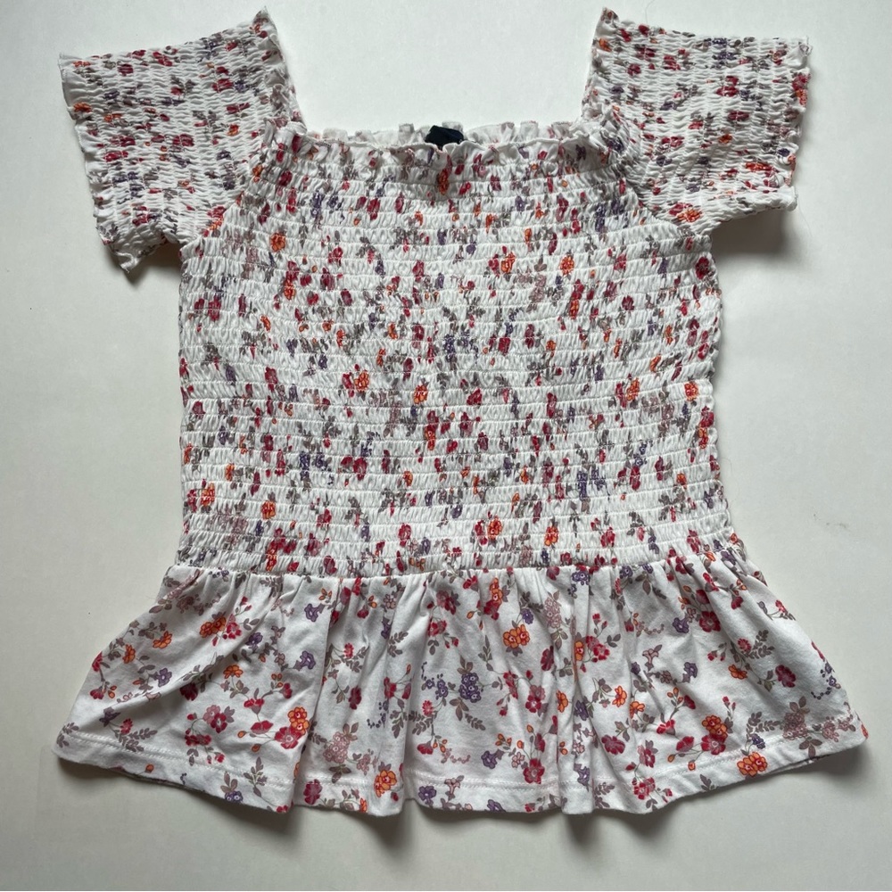 American Eagle Floral XS Top Smocked Peplum Ruffle Ivory pink purple flowers